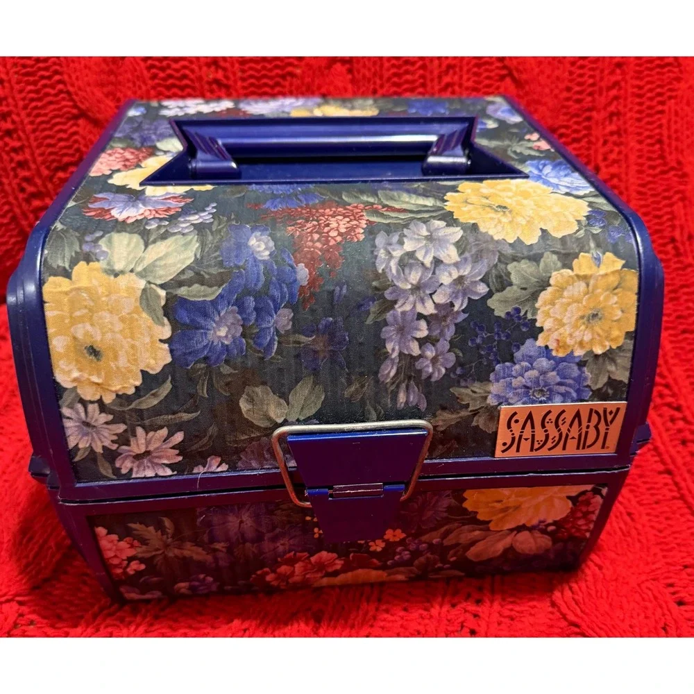 Vintage Sassaby Makeup Organizer Box Floral Navy Blue 90s Vanity Case Mirror